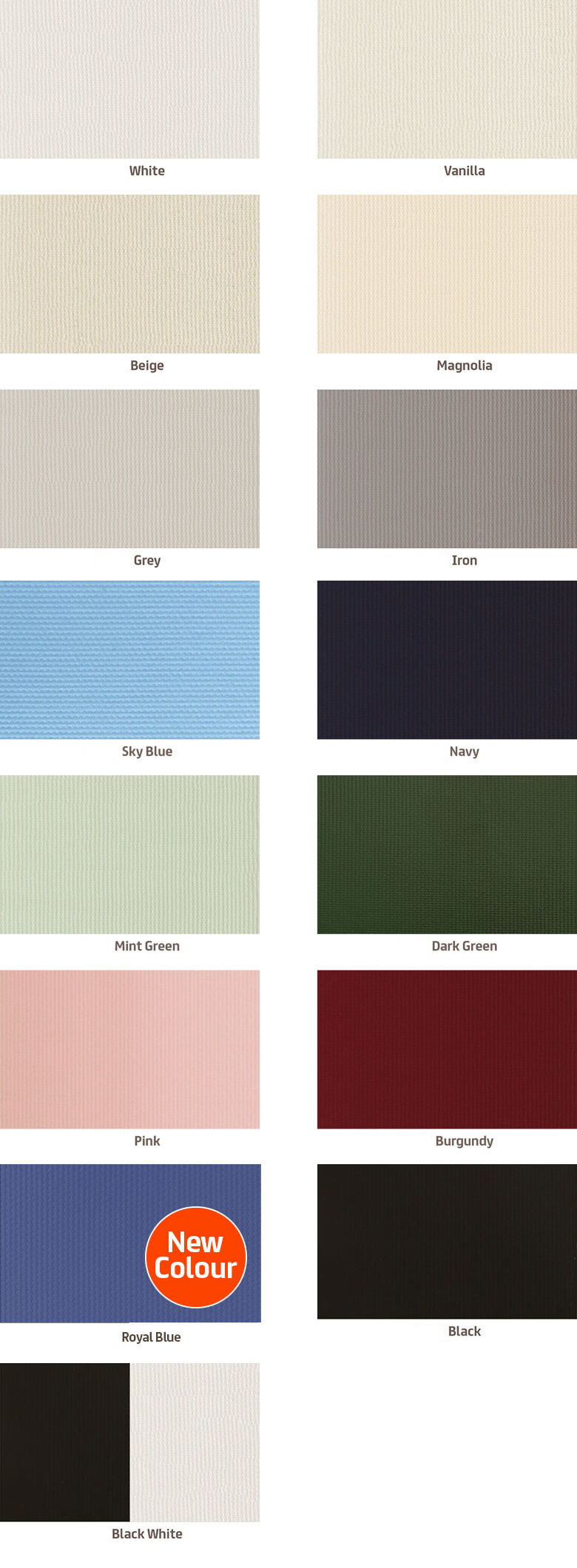 Base blackout blind fabric colours