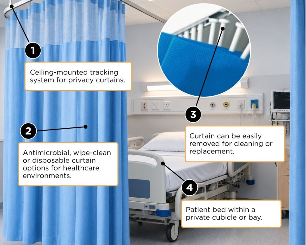 Illustrated hospital showing tracking and curtains
