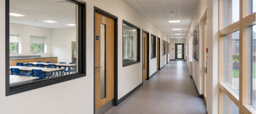 School corridor with doors and windows